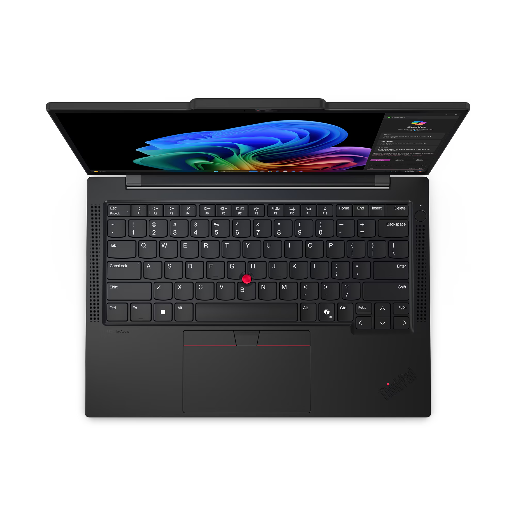 Vista superior de un portátil con la pantalla abierta, mostrando gráficos coloridos y teclado.