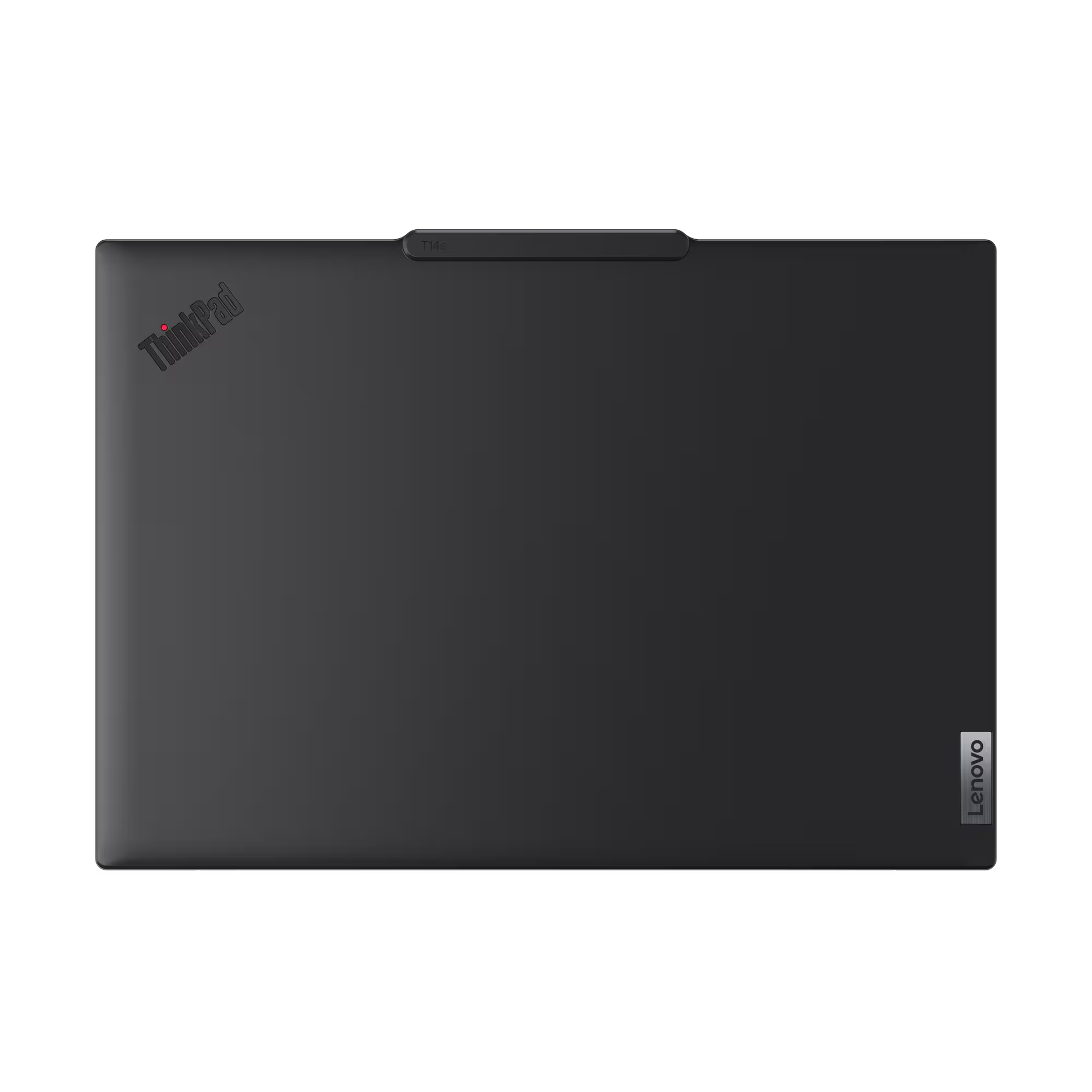 Vista superior de un portátil negro con los logotipos ThinkPad y Lenovo sobre una superficie negra.