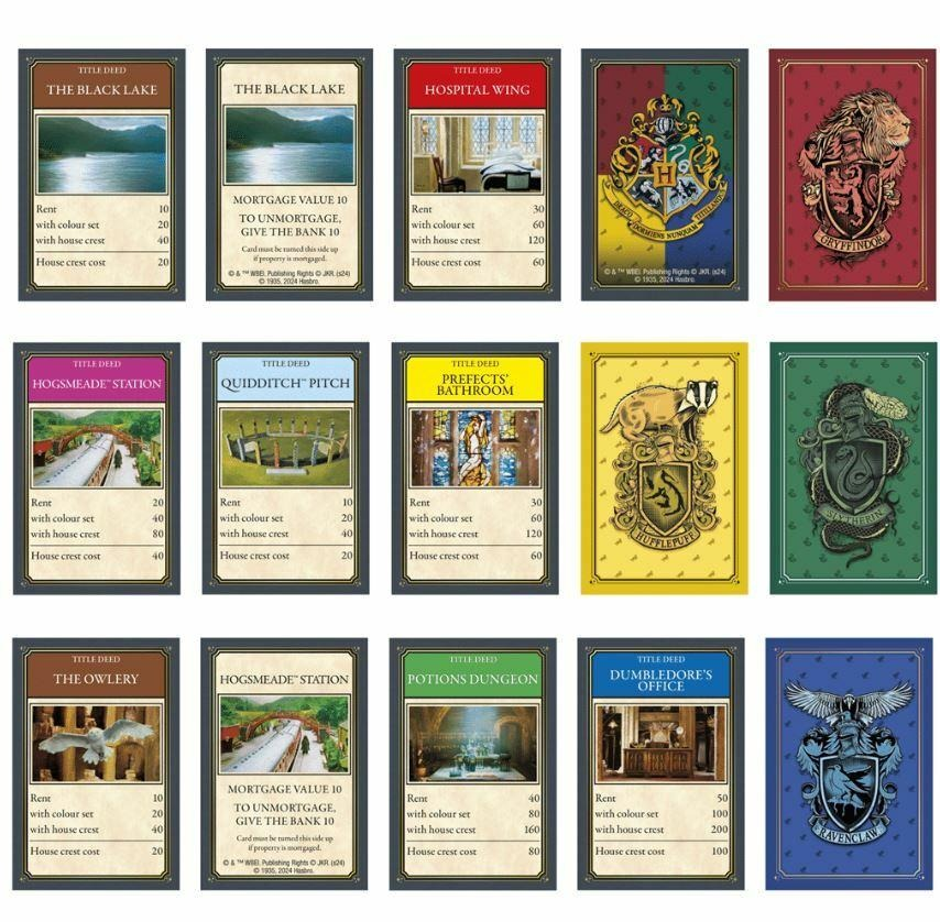 Monopoly game cards. Each card has a different image and title. Many colors.