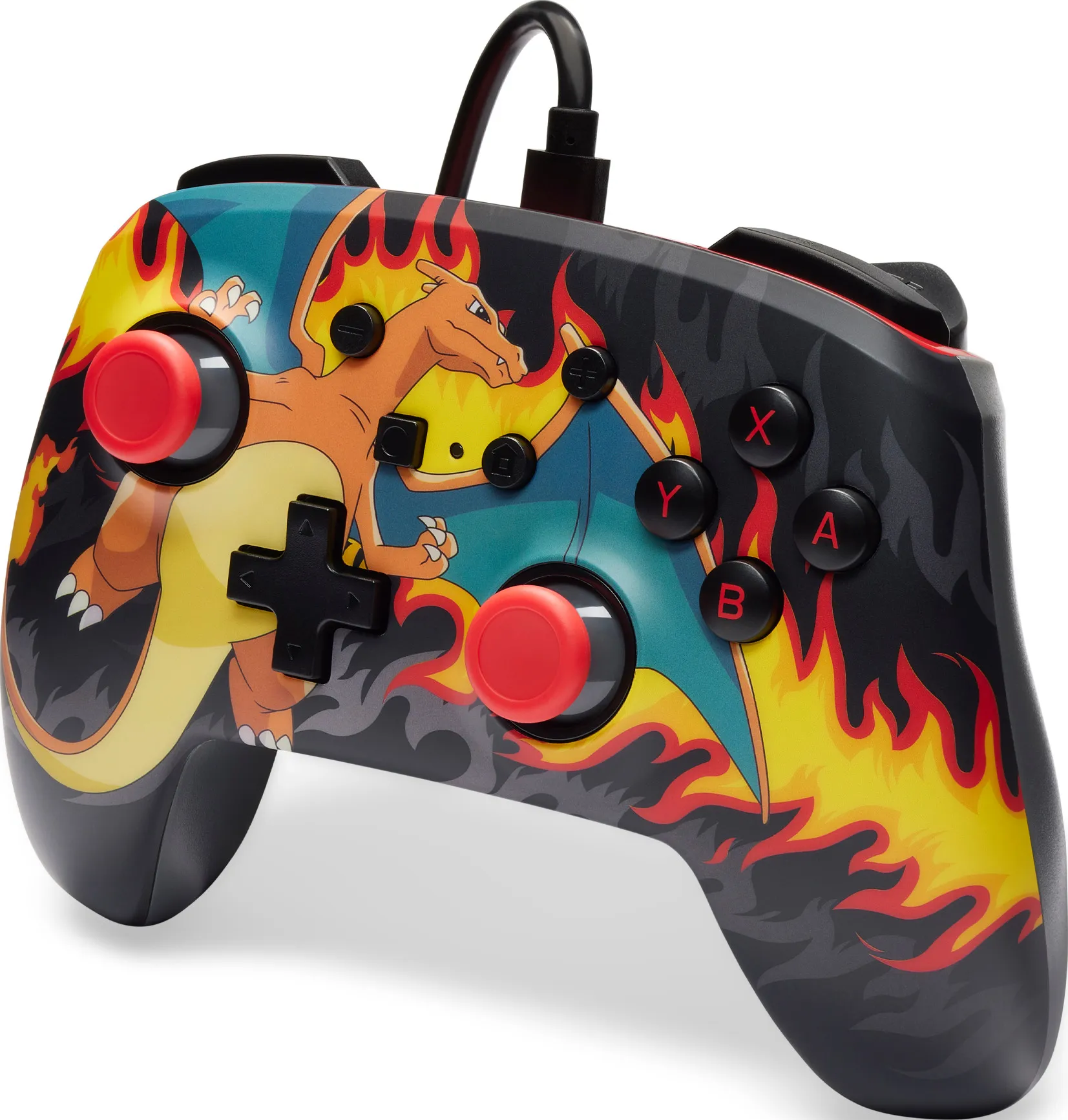 Ein schwarzer Gamecontroller mit Charizard-Design. Er hat rote Knöpfe, ein schwarzes Kabel und beschriftete Tasten.
