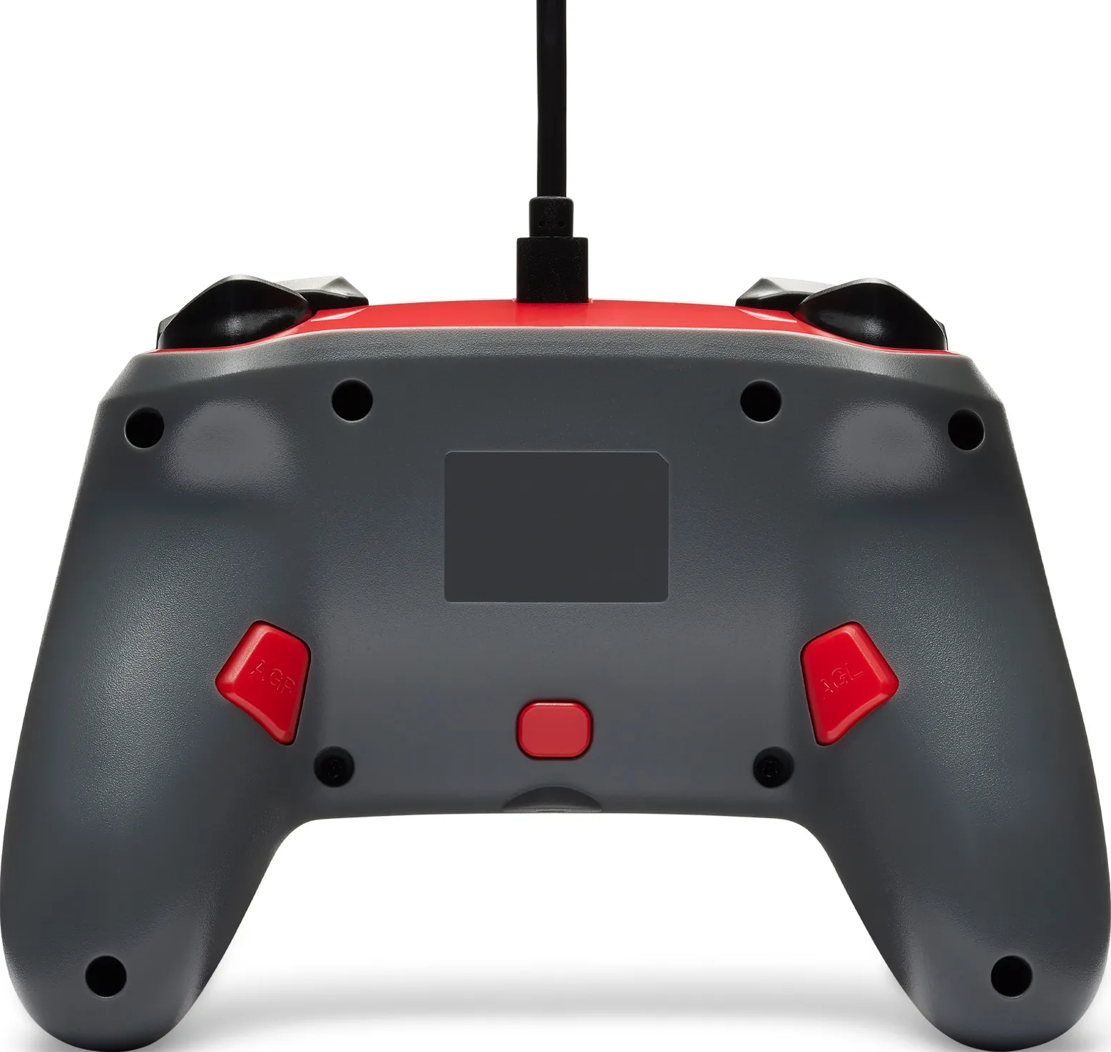 Ein grauer Gamecontroller mit roten Akzenten und Knöpfen. Ein schwarzes Kabel erstreckt sich von oben.