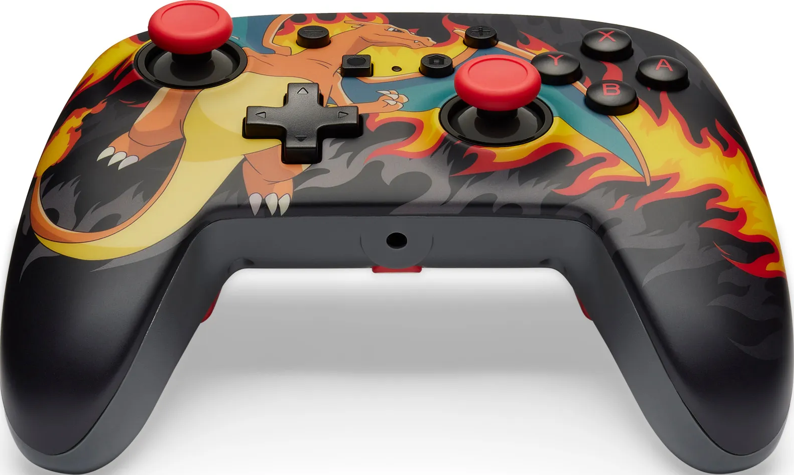 Ein Gaming-Controller mit Charizard-Artwork. Er hat rote Joysticks und Tasten, ein schwarzes Steuerkreuz und ein dunkelgraues Gehäuse mit einem Flammendesign.