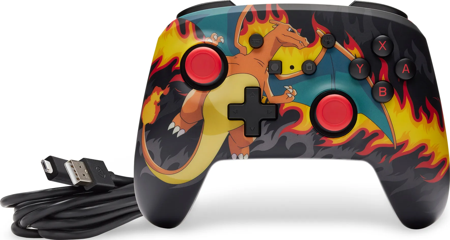 Ein schwarzer Nintendo Switch-Controller mit Charizard-Design. Er hat rote Knöpfe, ein schwarzes Kabel und einen weißen Hintergrund.