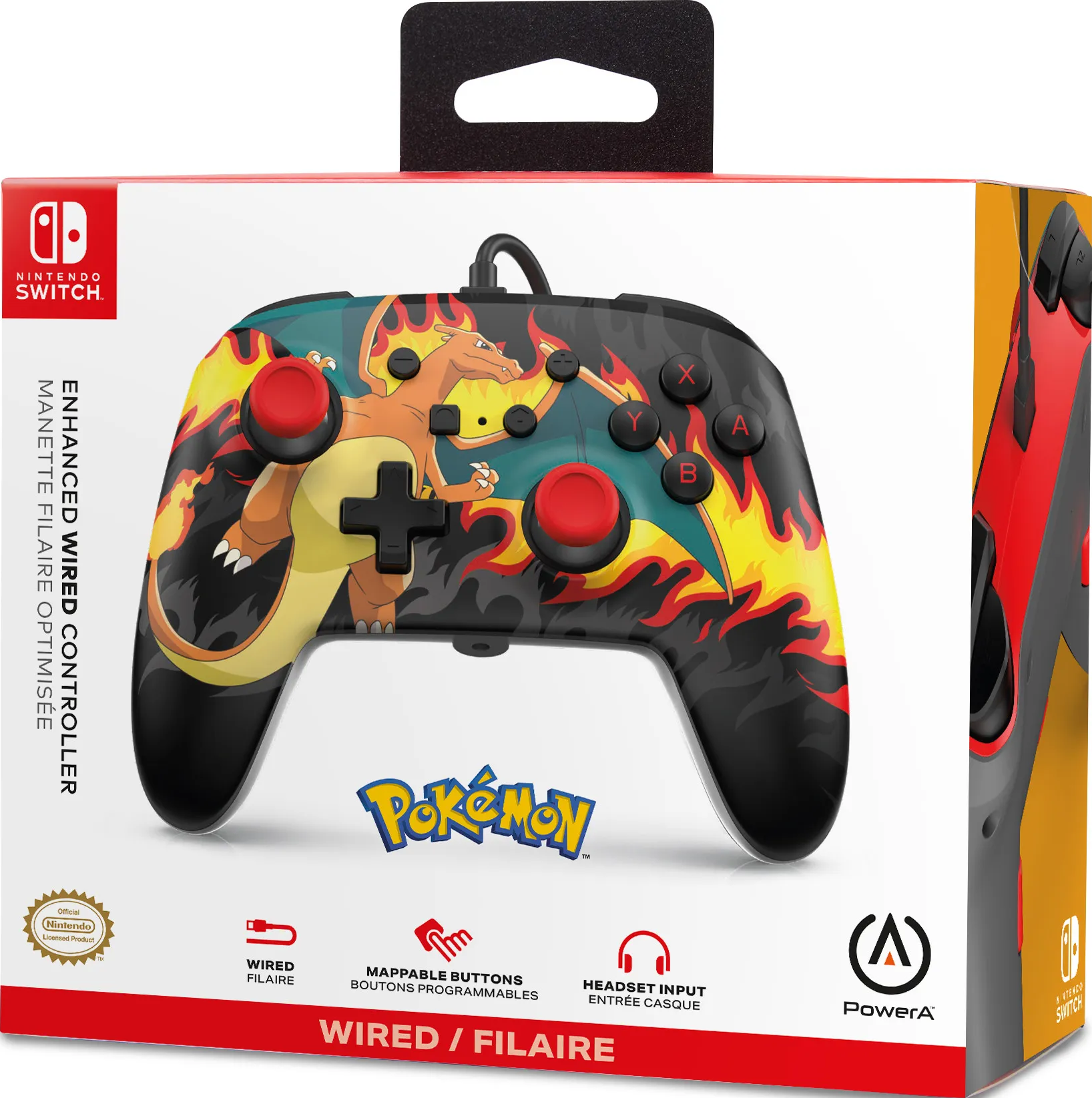 Eine Nintendo Switch Controller-Box. Sie zeigt Charizard-Kunst und das Pokemon-Logo. Rotes und schwarzes Farbschema.
