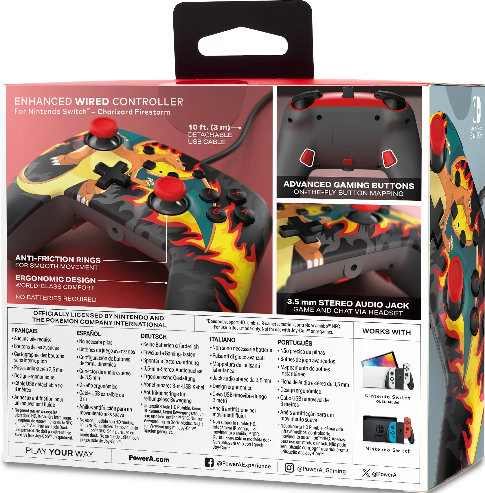 Controller-Box für Nintendo Switch. Mit Charizard-Design. Text enthält 'Enhanced Wired Controller' und 'Advanced Gaming Buttons'.