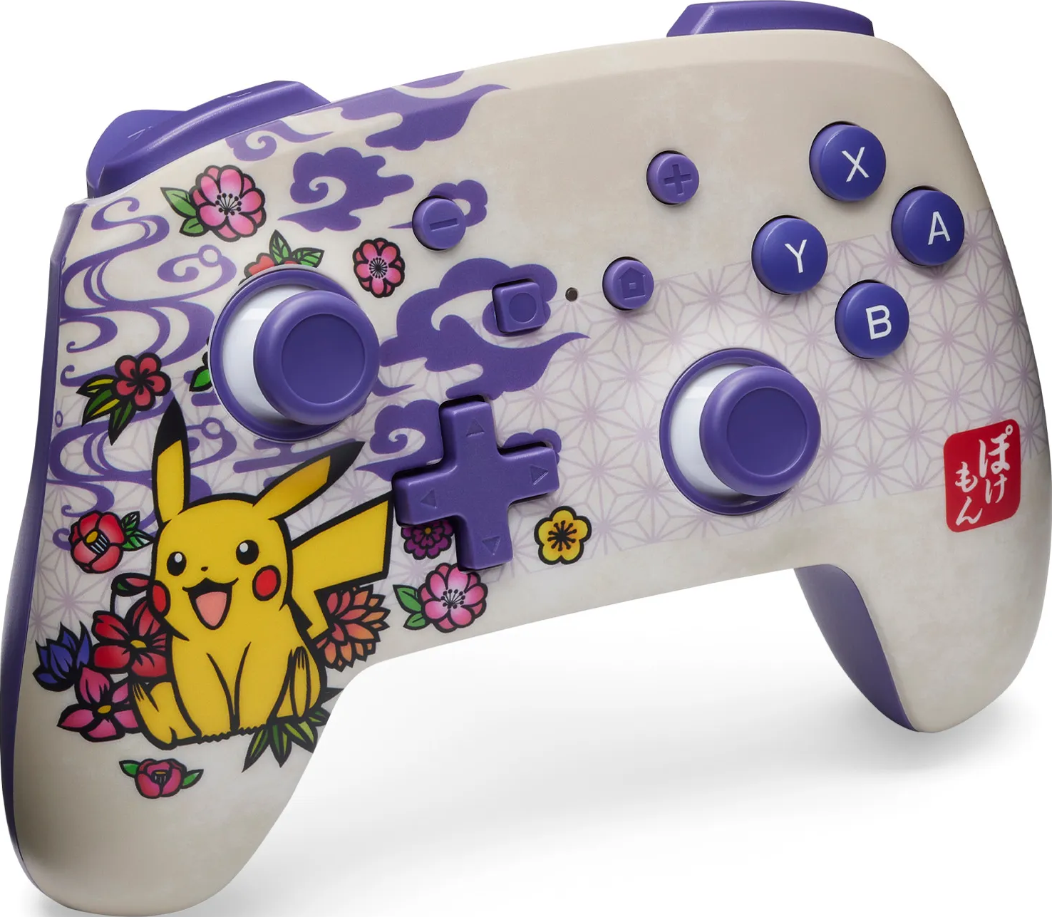 Ein Nintendo Switch Pro Controller. Er hat ein Pikachu-Design mit Blumen und Wolken. Zu den Tasten gehören X, Y, A, B und das Steuerkreuz.