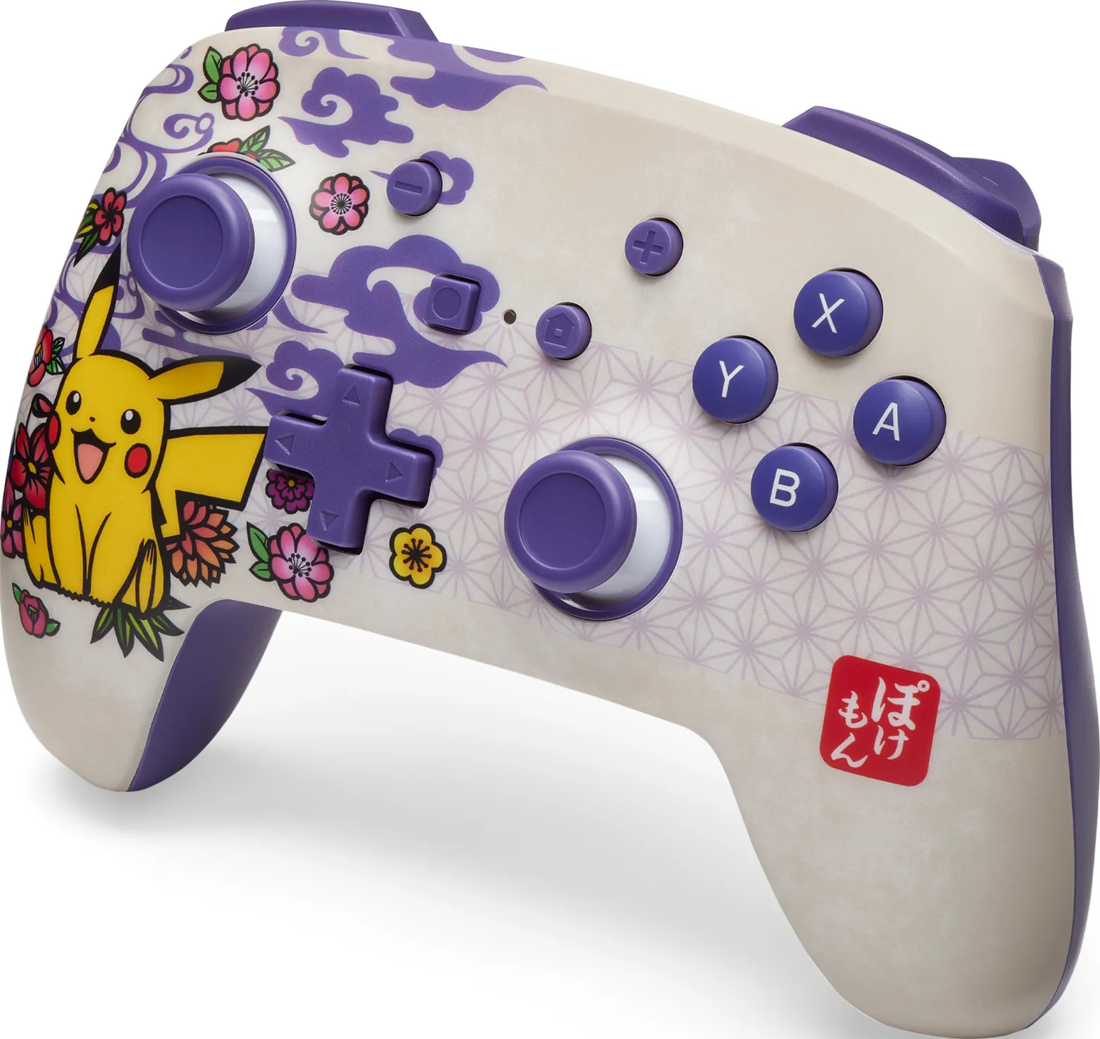 Ein Nintendo Switch Pro Controller im Pikachu-Design. Er hat lila Akzente, Blumen und Pikachu-Kunst. Die Knöpfe sind X, Y, A und B.