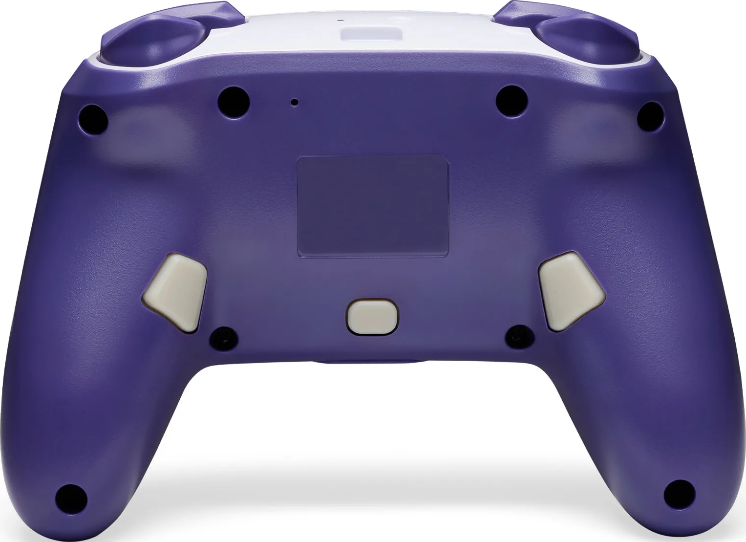 Rückseite eines lila-weißen Gamecontrollers. Es hat verschiedene Tasten, darunter weiße und schwarze. Zwei lila Griffe erstrecken sich nach unten.