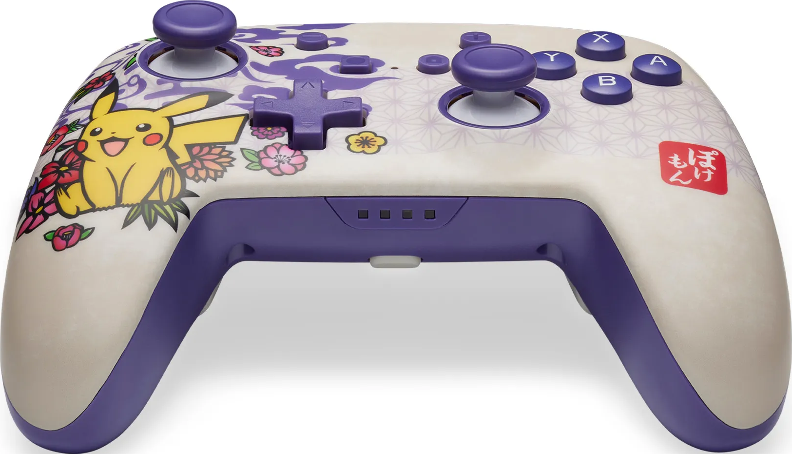 Ein lila-cremefarbener Nintendo Switch Pro Controller. Mit Pikachu-Grafiken und japanischen Schriftzeichen. Die Tasten sind lila und cremefarben.