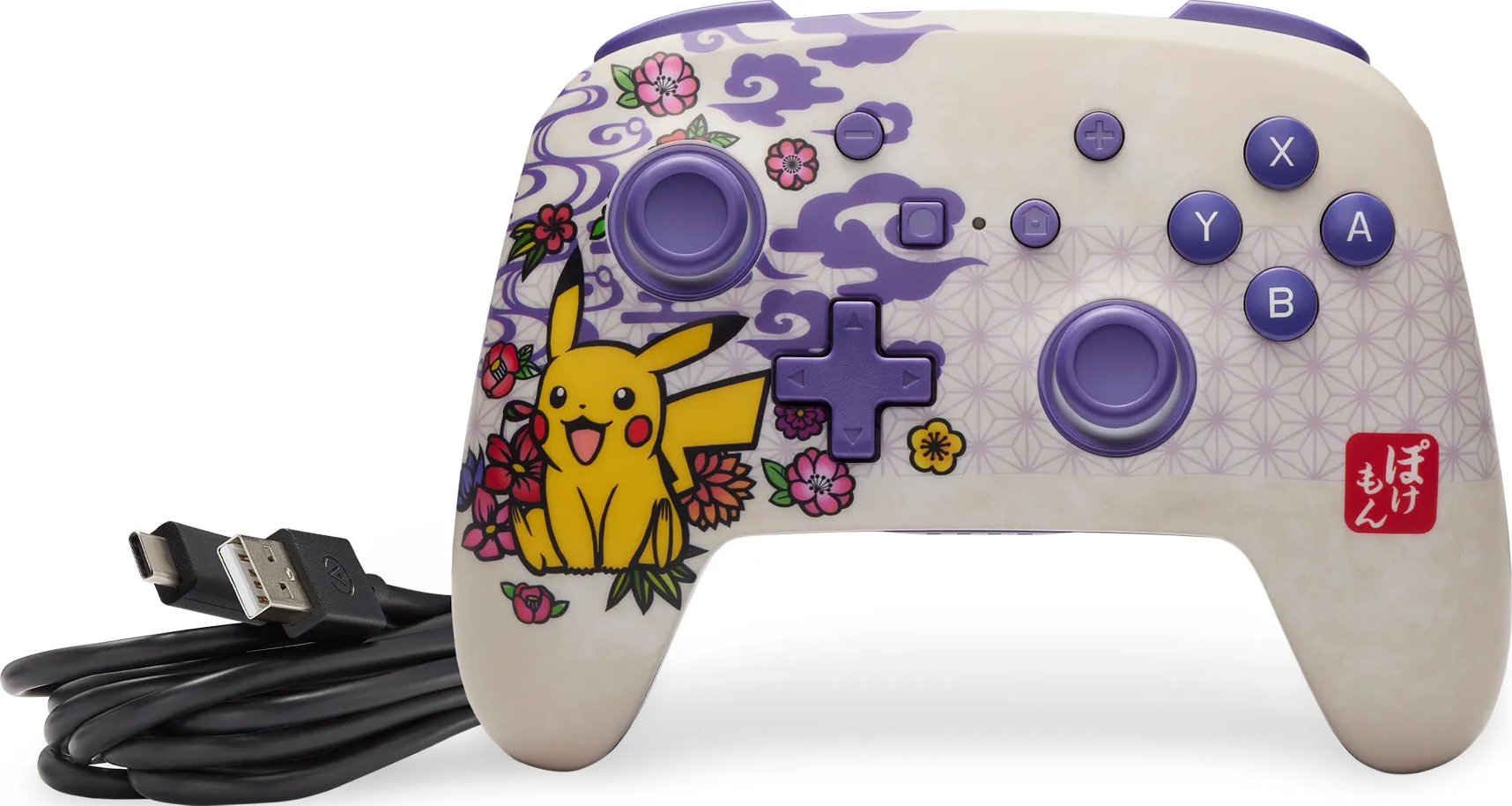 Ein weißer Nintendo Switch-Controller mit Pikachu, Blumen, lila Knöpfen und Kabel.