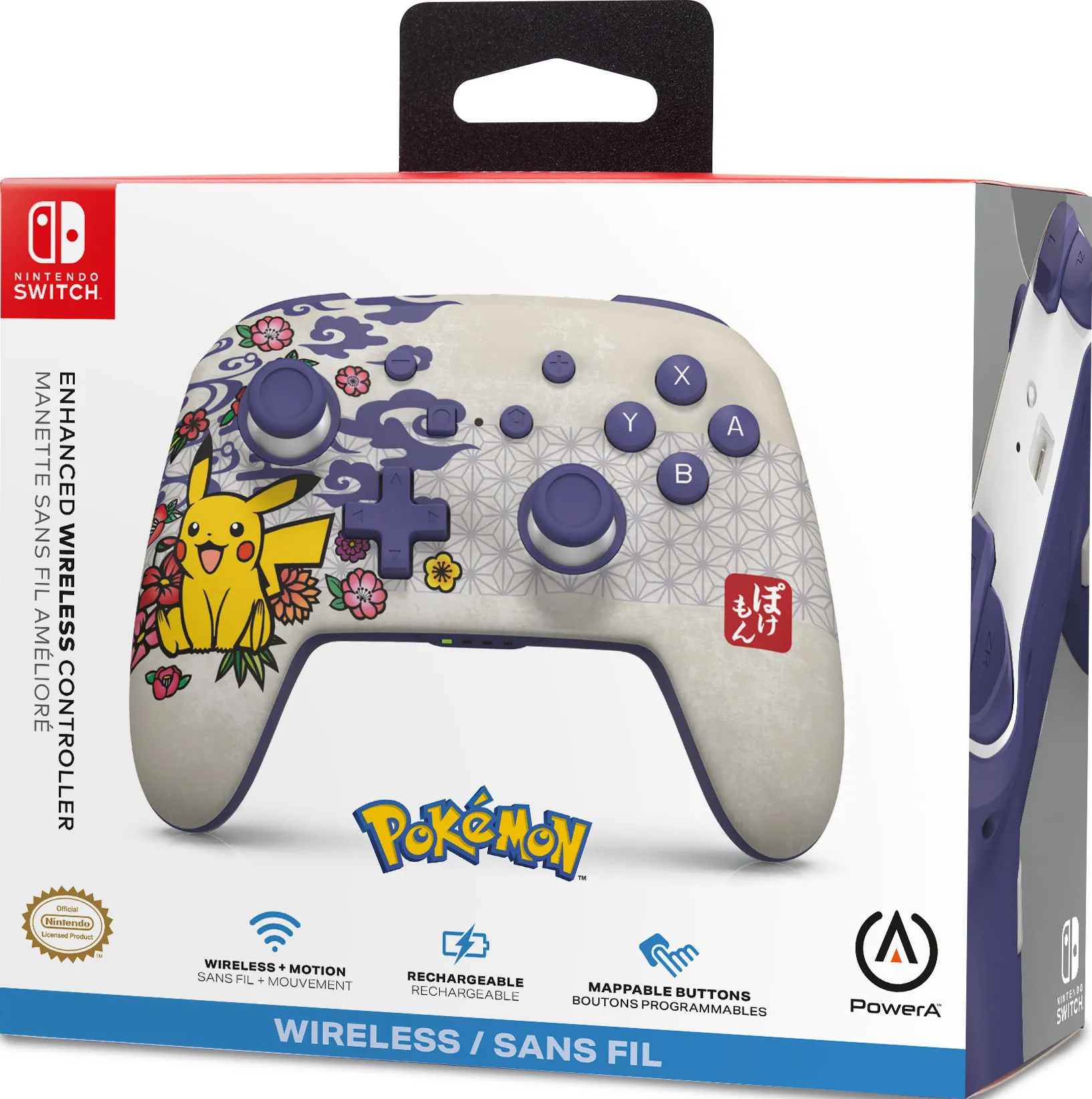 Ein Nintendo Switch Controller in einer Box. Er zeigt Pikachu, florale Designs und das Pokémon-Logo.