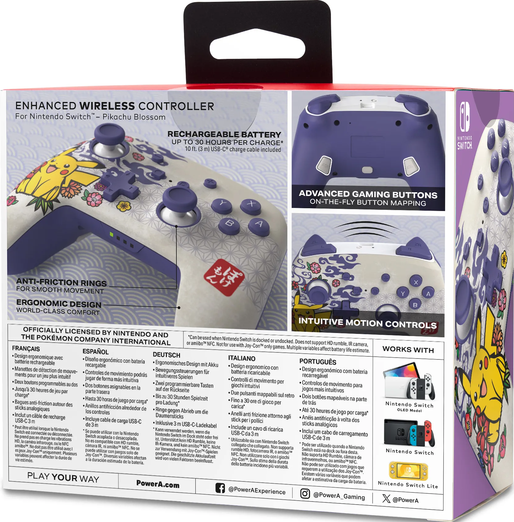Lila-weißer Nintendo Switch Controller mit Pikachu-Design, Knöpfen und Text.