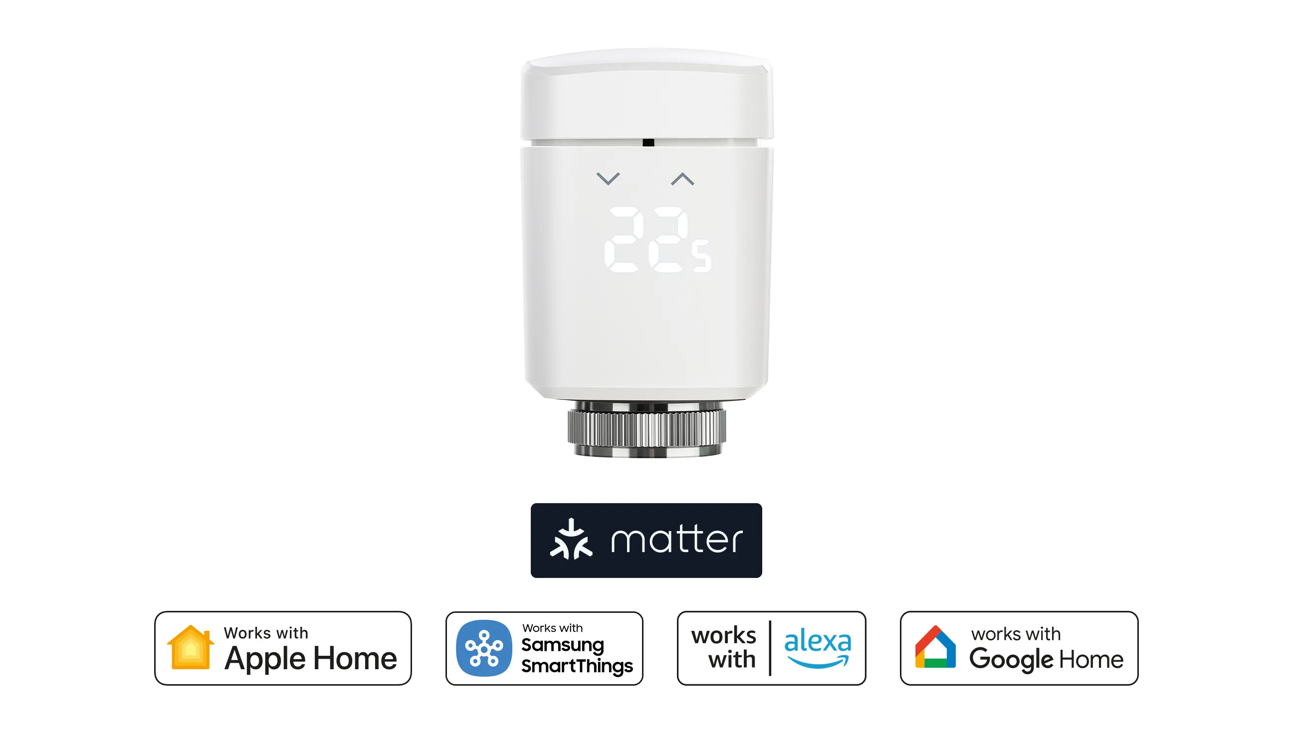 Un thermostat intelligent avec un écran affichant 22°C. Il a la compatibilité Matter et des logos.