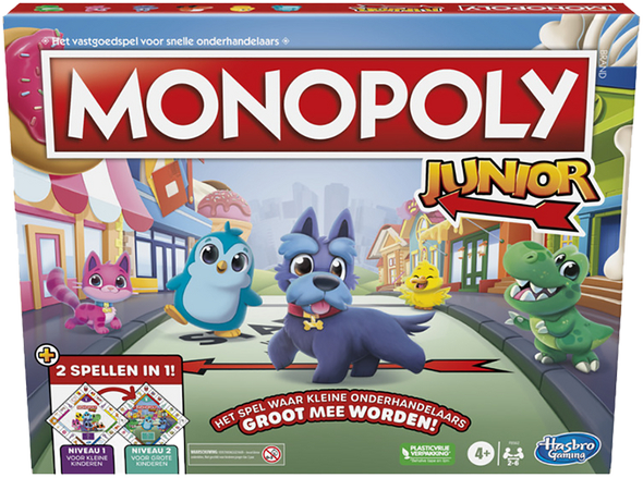Monopoly Junior bordspeldoos met kleurrijke illustraties van karakters en spelelementen.