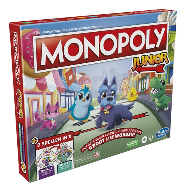 Monopoly Junior doos met tekenfilmfiguren en tekst in meerdere talen.