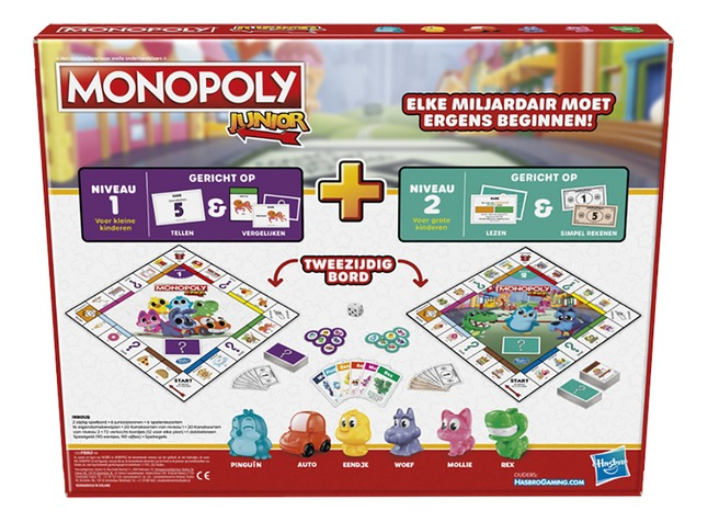 Achterkant van een Monopoly Junior doos. Het toont het bordspel met spelstukken. Teksten zijn in het Nederlands.