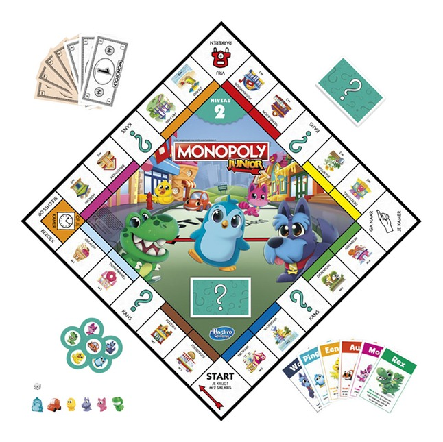 Monopoly Junior bordspel. Inclusief bord, pionnen, geld, kaarten en dobbelstenen. Het spel is in het Nederlands.