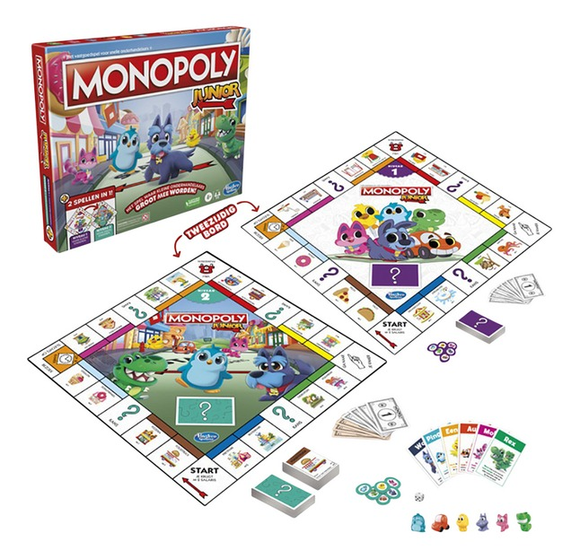 Een bordspeldoos en twee spelborden. De borden hebben cartoonfiguren. Accessoires zoals kaarten en dobbelstenen zijn aanwezig.