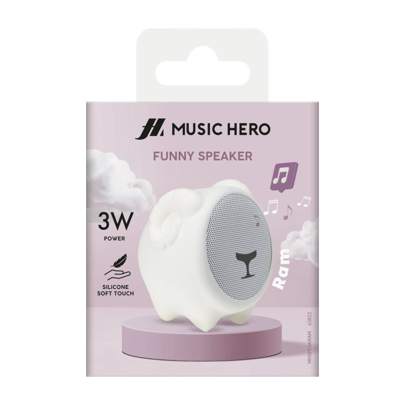 Weißer, schafsförmiger Music Hero-Lautsprecher in einer Box mit Text und Noten.