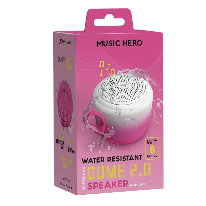Weißer und rosa Lautsprecher in einer Box: MUSIC HERO, WATER RESISTANT, DOME 2.0 SPEAKER.