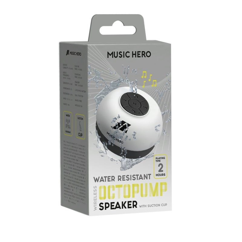 Weißer und schwarzer Lautsprecher in einer Box: MUSIC HERO, WATER RESISTANT, OCTOPUMP SPEAKER.