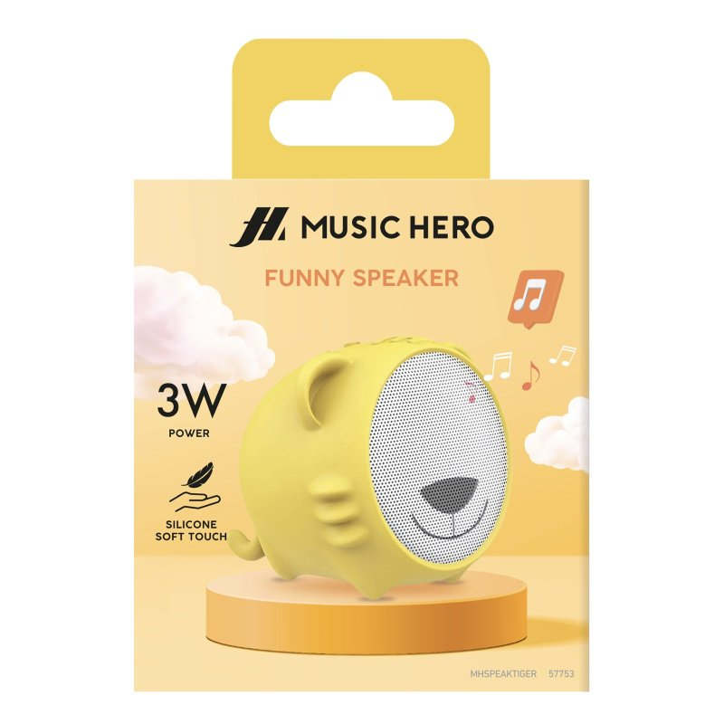 Gelber Music Hero Lautsprecher in Box mit Cartoon-Stil.