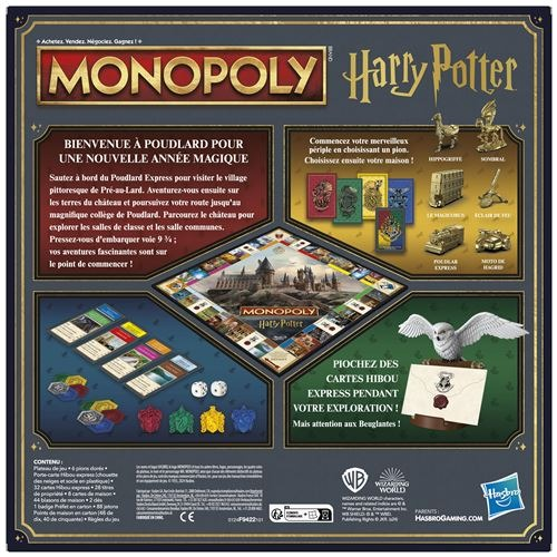 Back of a Harry Potter Monopoly game box with instructions and images.