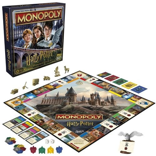 Harry Potter Monopoly game set with board, pieces, and box. The board shows Hogwarts castle.