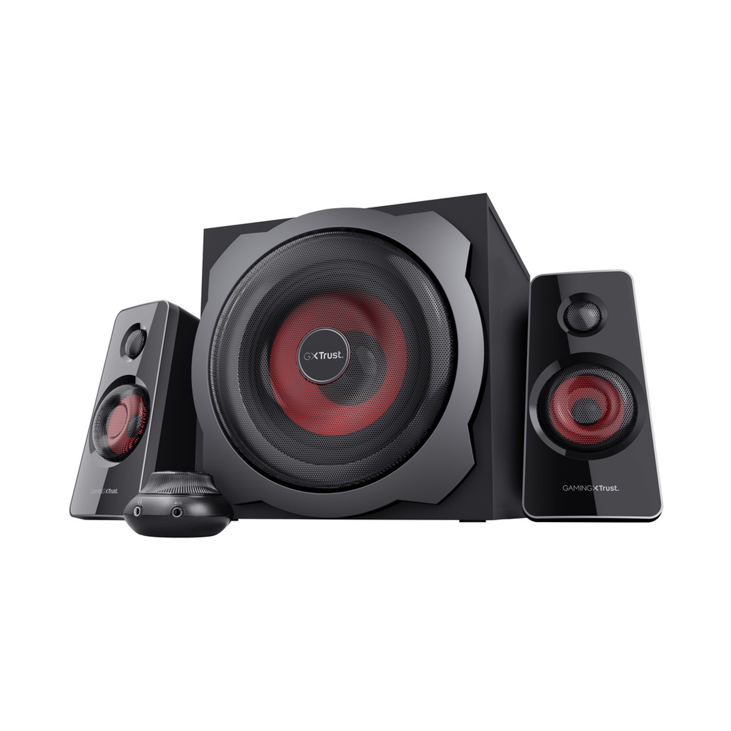 Sistema di altoparlanti nero con subwoofer e due altoparlanti satellitari. Altoparlante rosso.