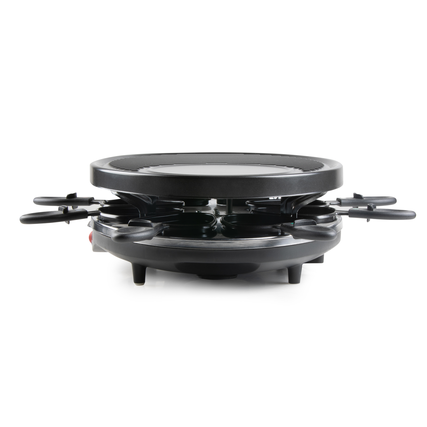 A black raclette grill with handles extending outward, white background.