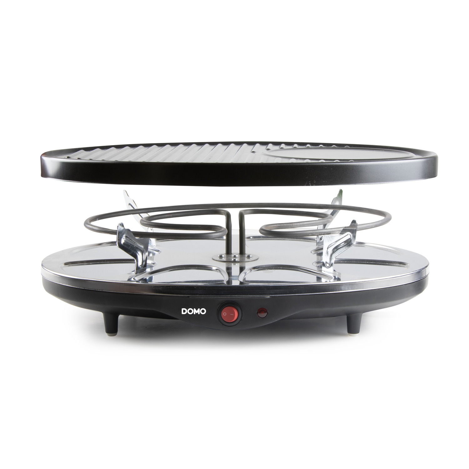 Black raclette grill, disassembled. Heating element and grill top separated. White background.