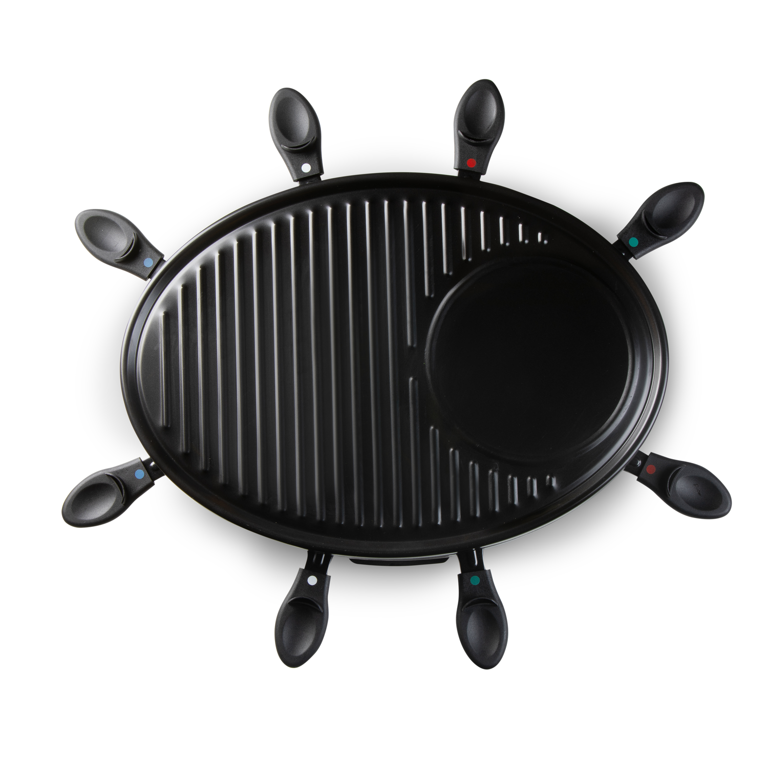 Black raclette grill with handles. Oval grilling surface with multiple pans around. White background.