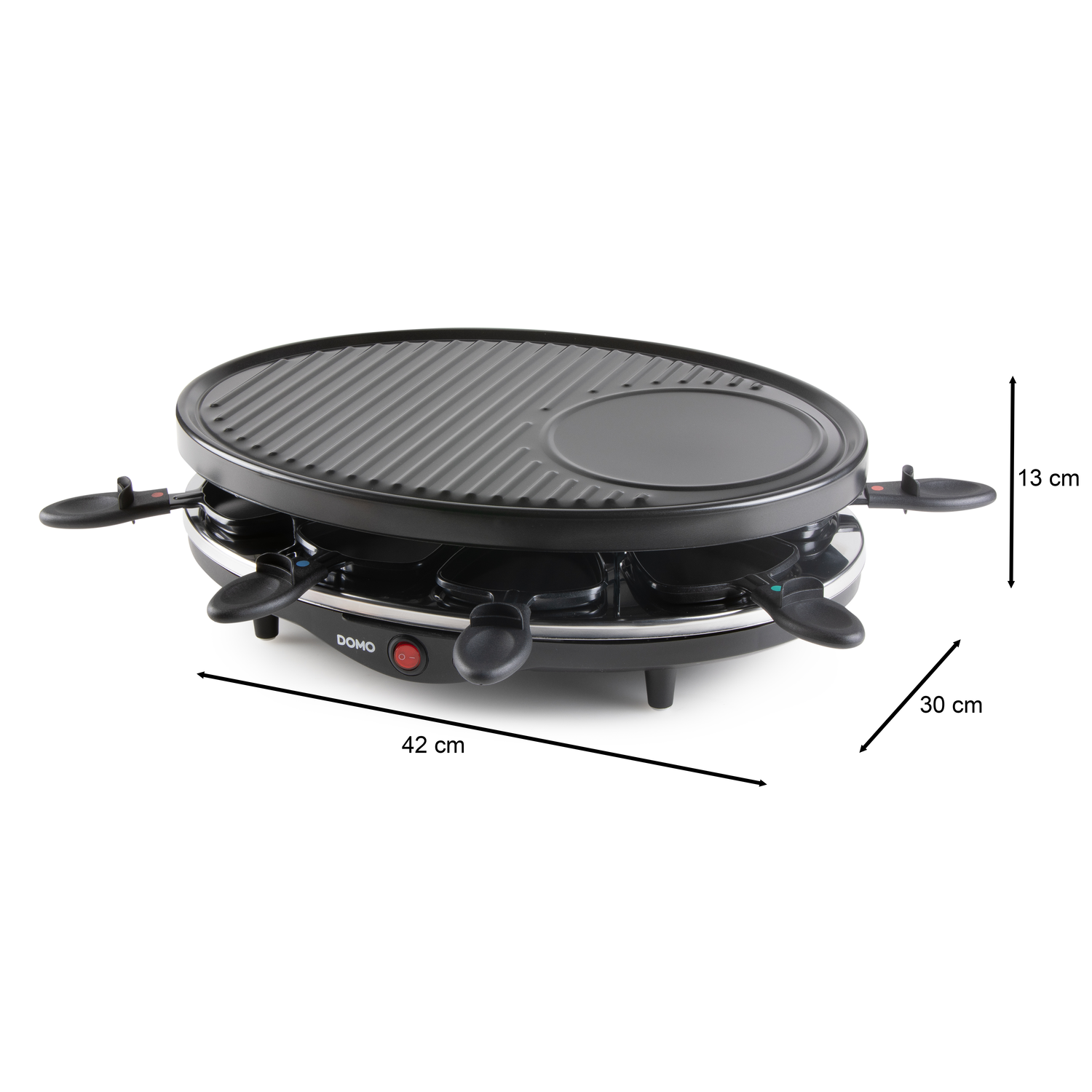 Raclette grill with measurements. It has dimensions: 42cm long and 30cm wide. Height is 13 cm. White background.