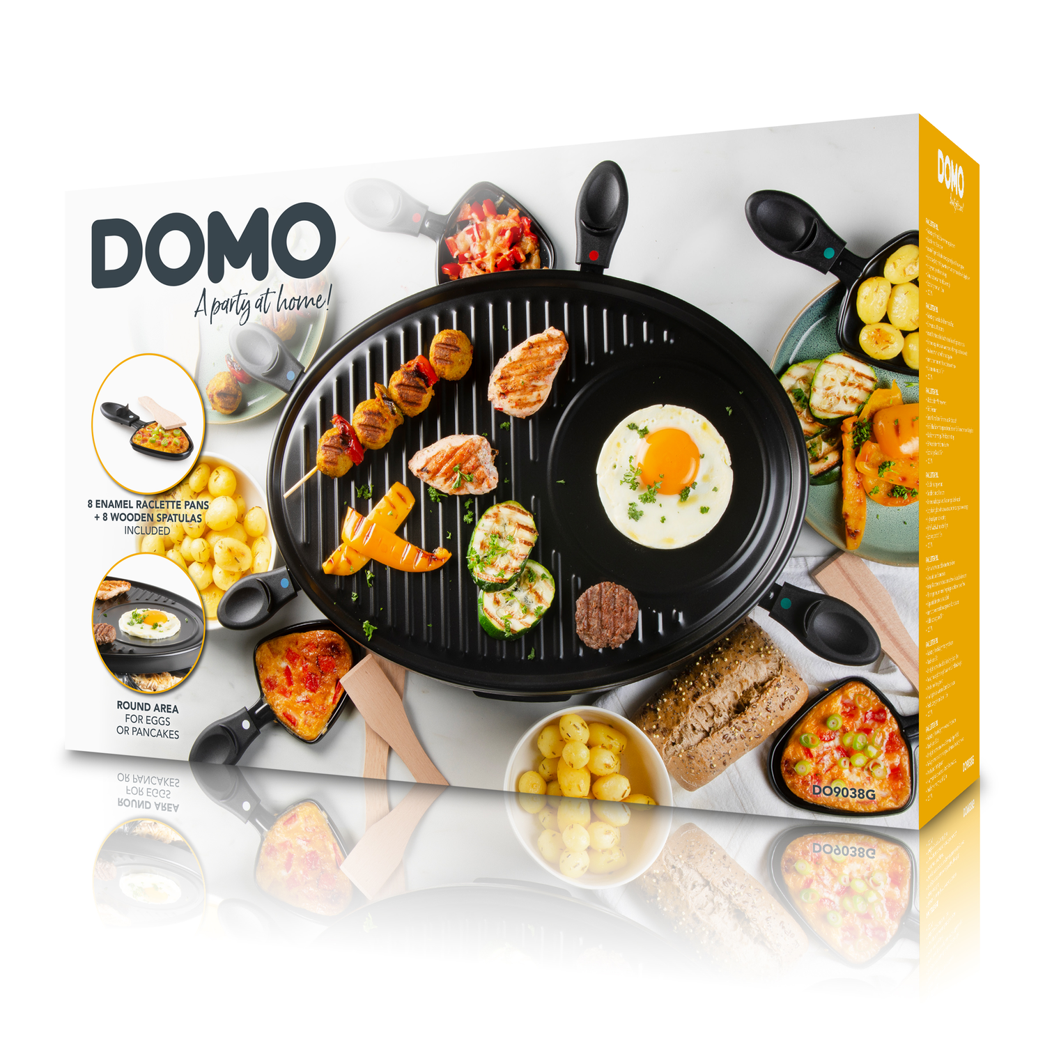 Raclette grill product box. The box shows the grill, cooked food, and brand name DOMO. White background.