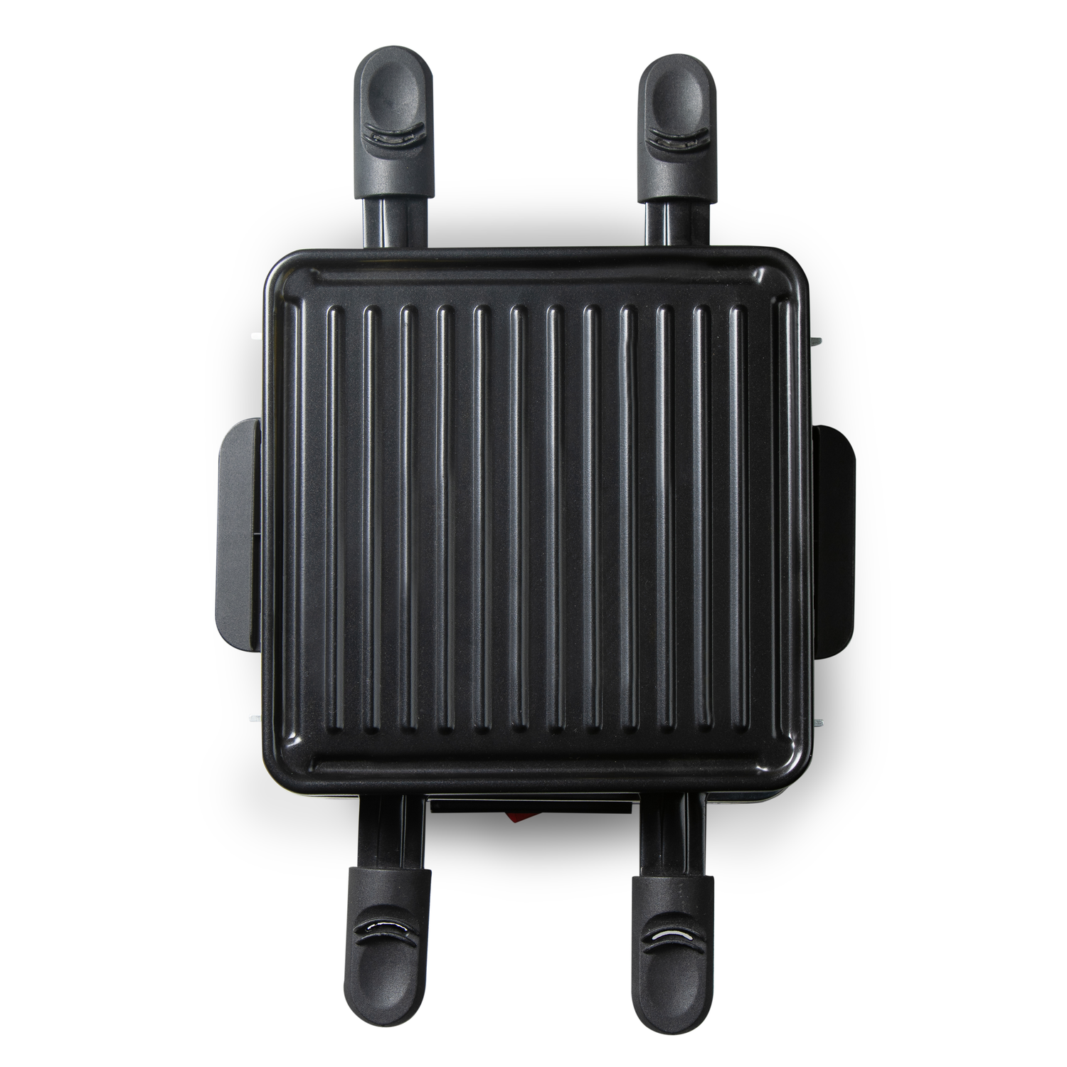 Top view of a black raclette grill. It has a square cooking surface with handles.