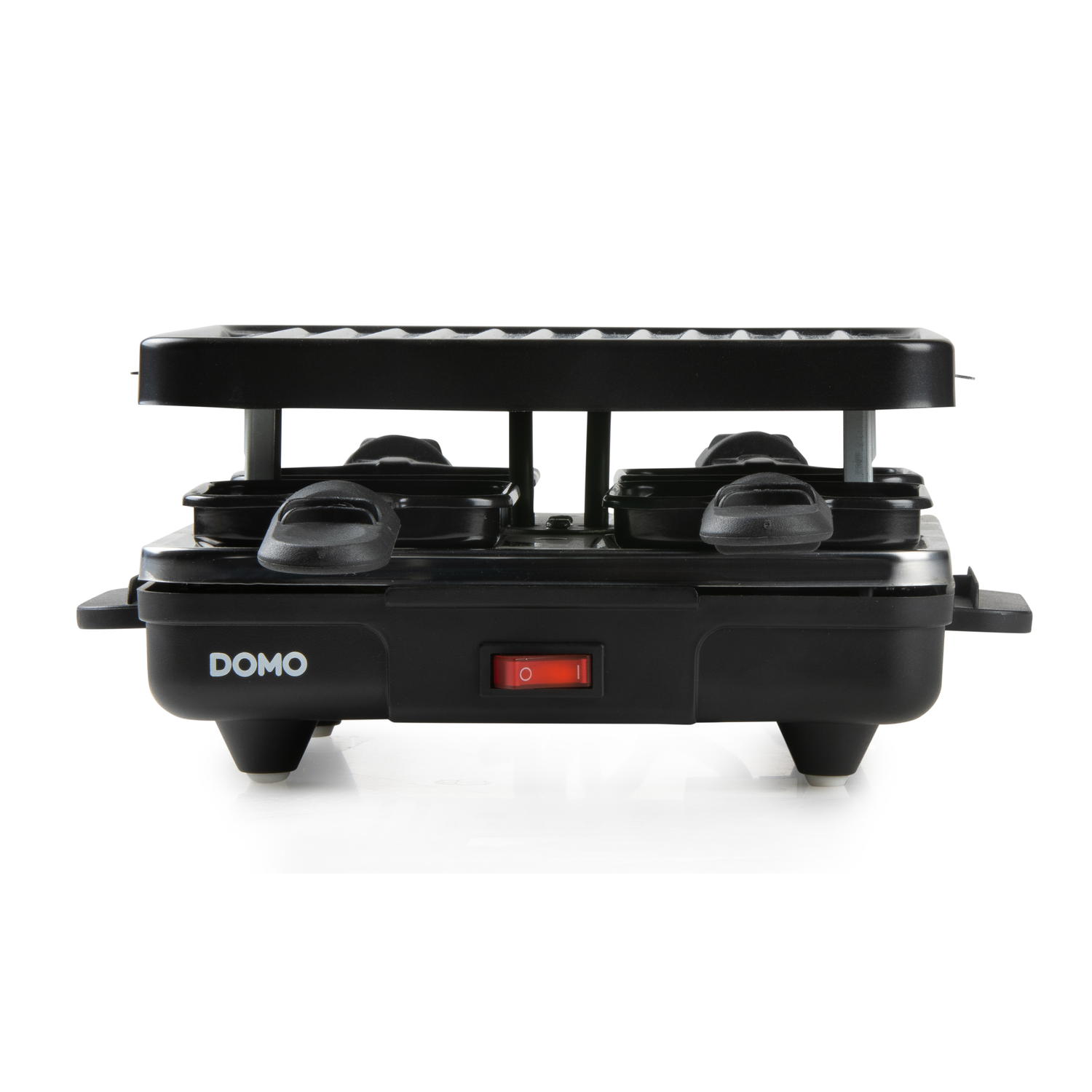 Black raclette grill with a red power button. The brand name DOMO is on the front. White background.