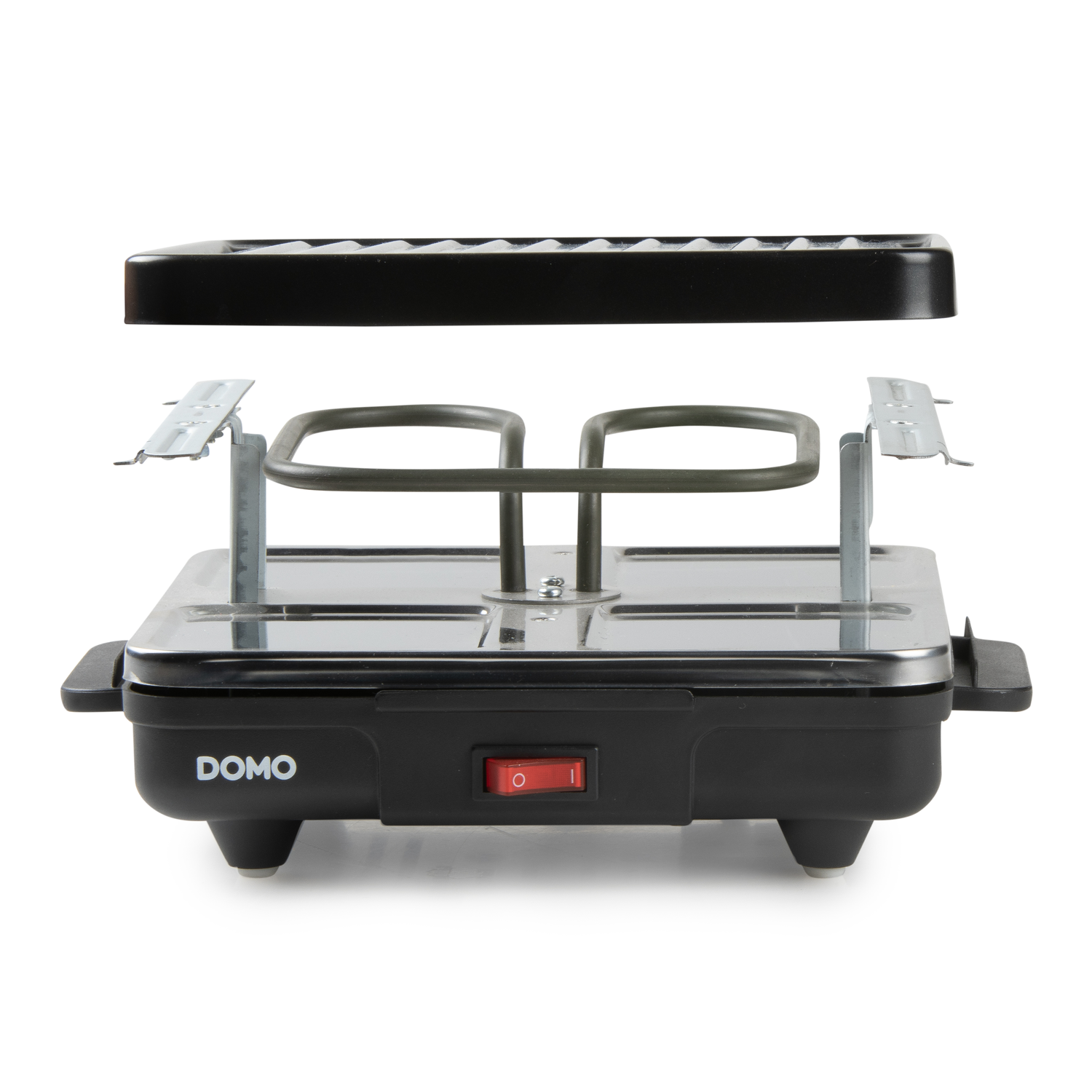 Raclette grill disassembled. Showing the heating elements and base. Brand name DOMO. White background.
