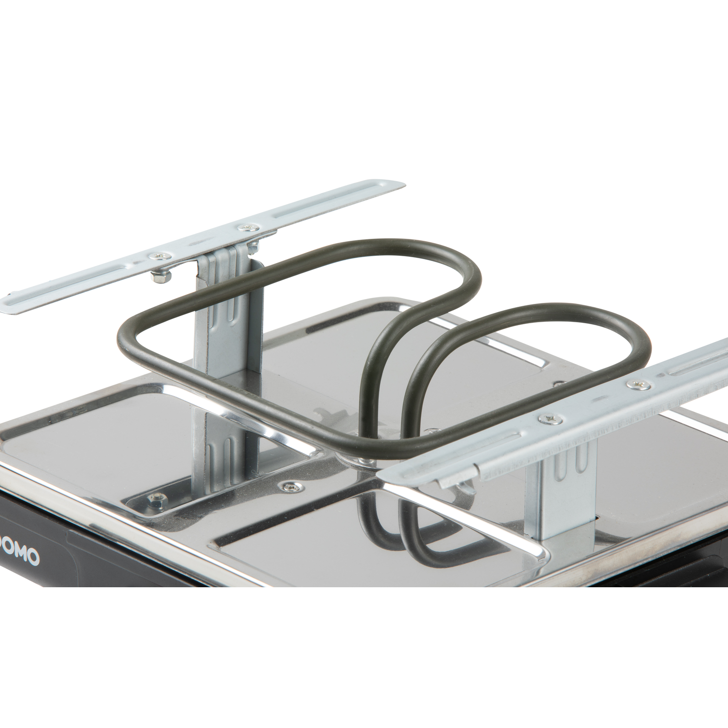 Close up of a raclette grill heating element. Metal and gray. Brand name DOMO visible. White background.