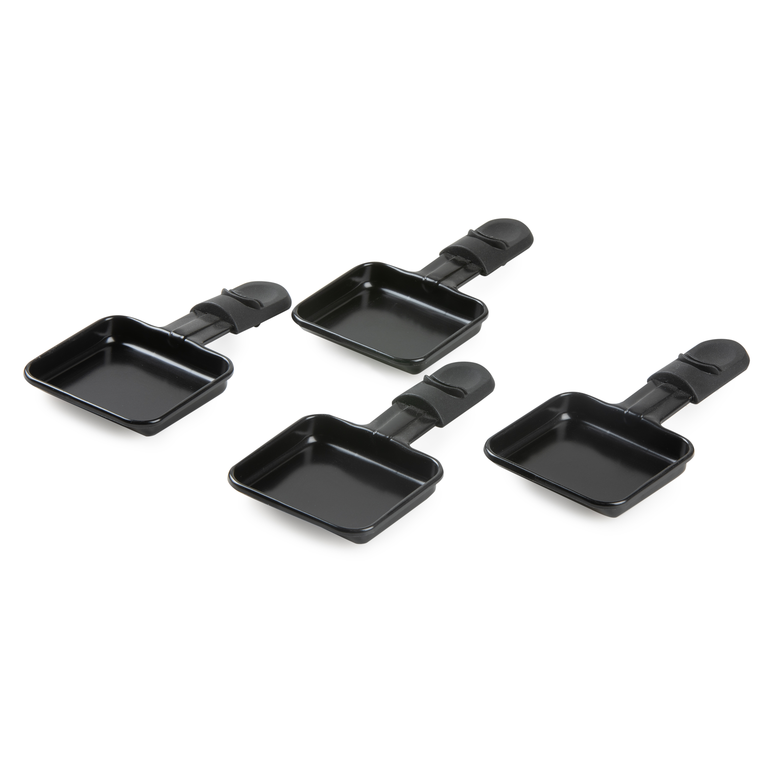Four black square raclette pans on a white background.