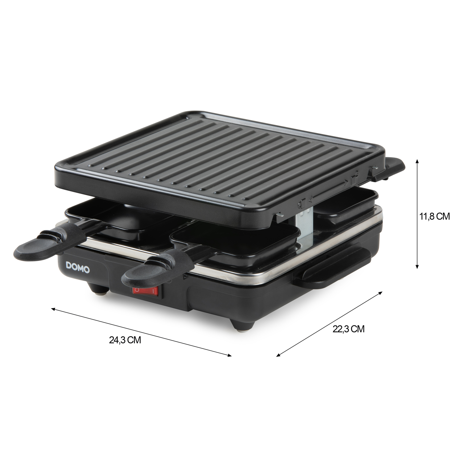 A black raclette grill with dimensions, on a white background.