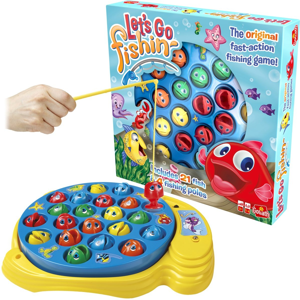 A child's hand plays a fishing game. The game has colorful fish and a fishing rod. A box shows a fish illustration.