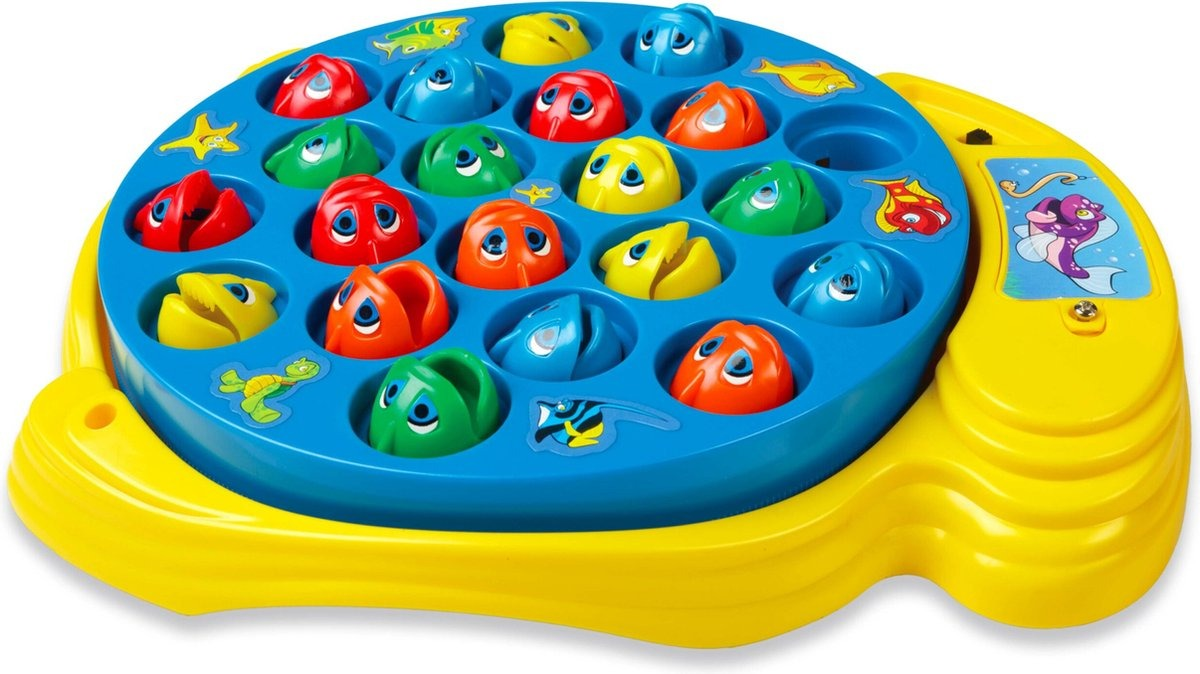 Blue fishing game with colorful fish.