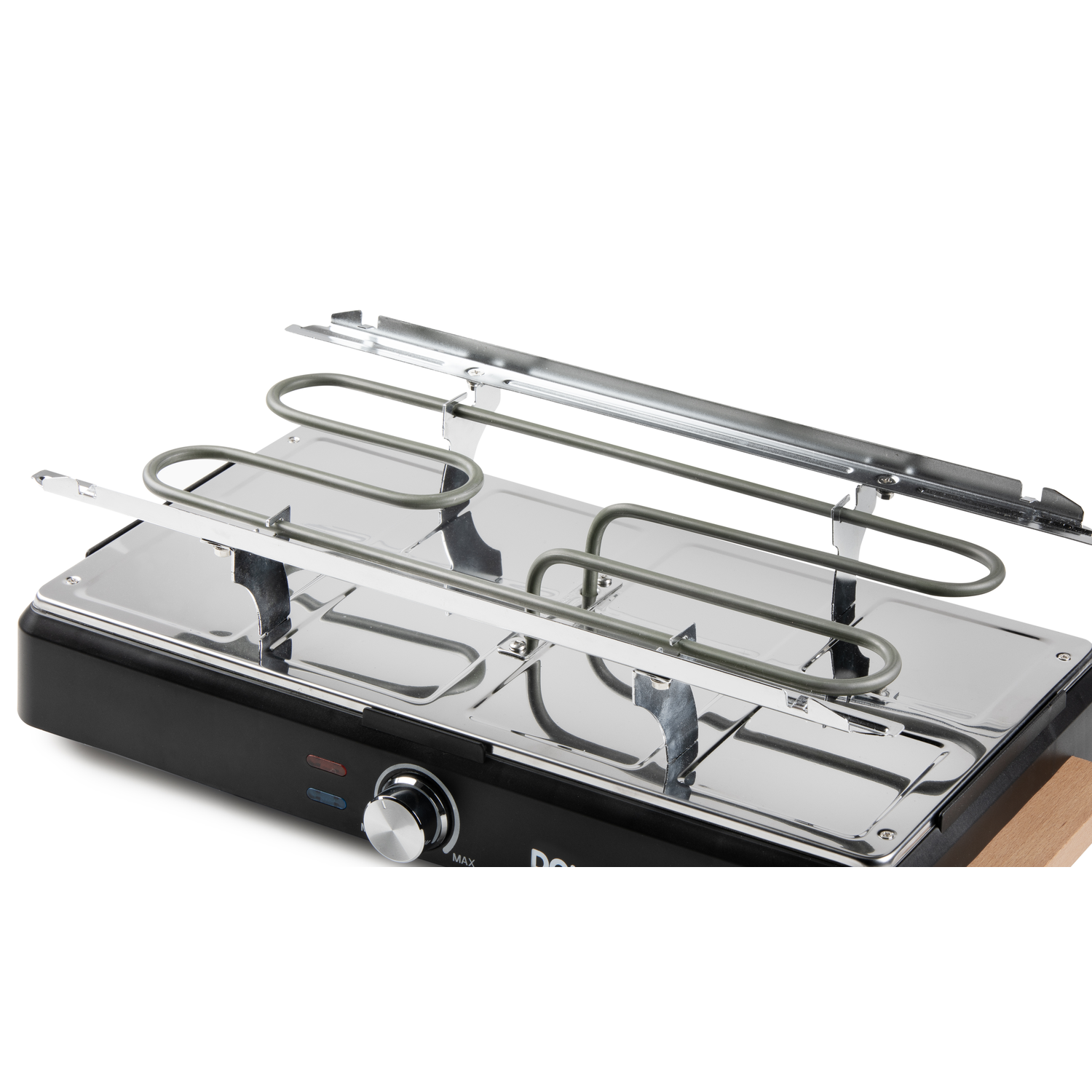 Close-up van de verwarmingselementen van een raclette grill. Merknaam DOMO. Witte achtergrond.
