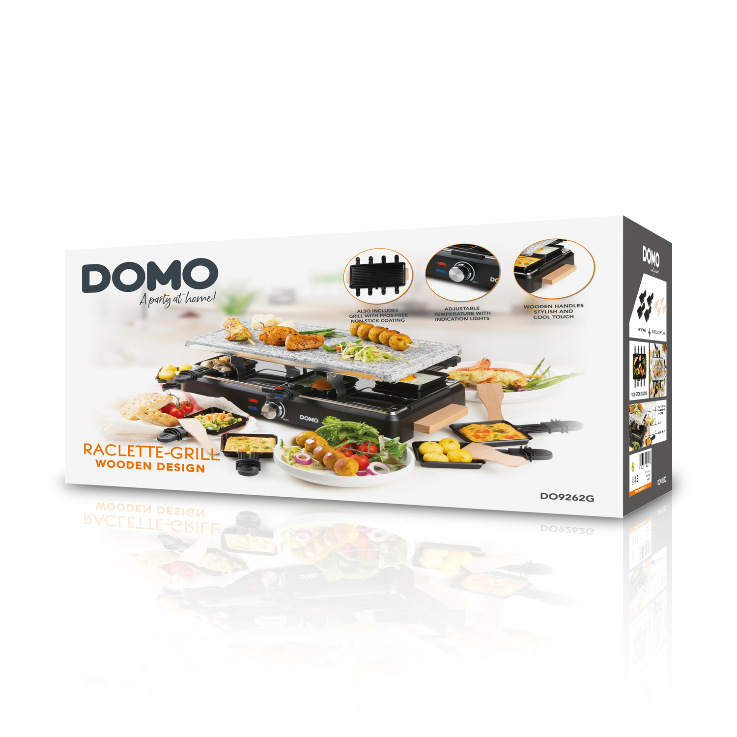 DOMO raclette grill met houten design in een doos.