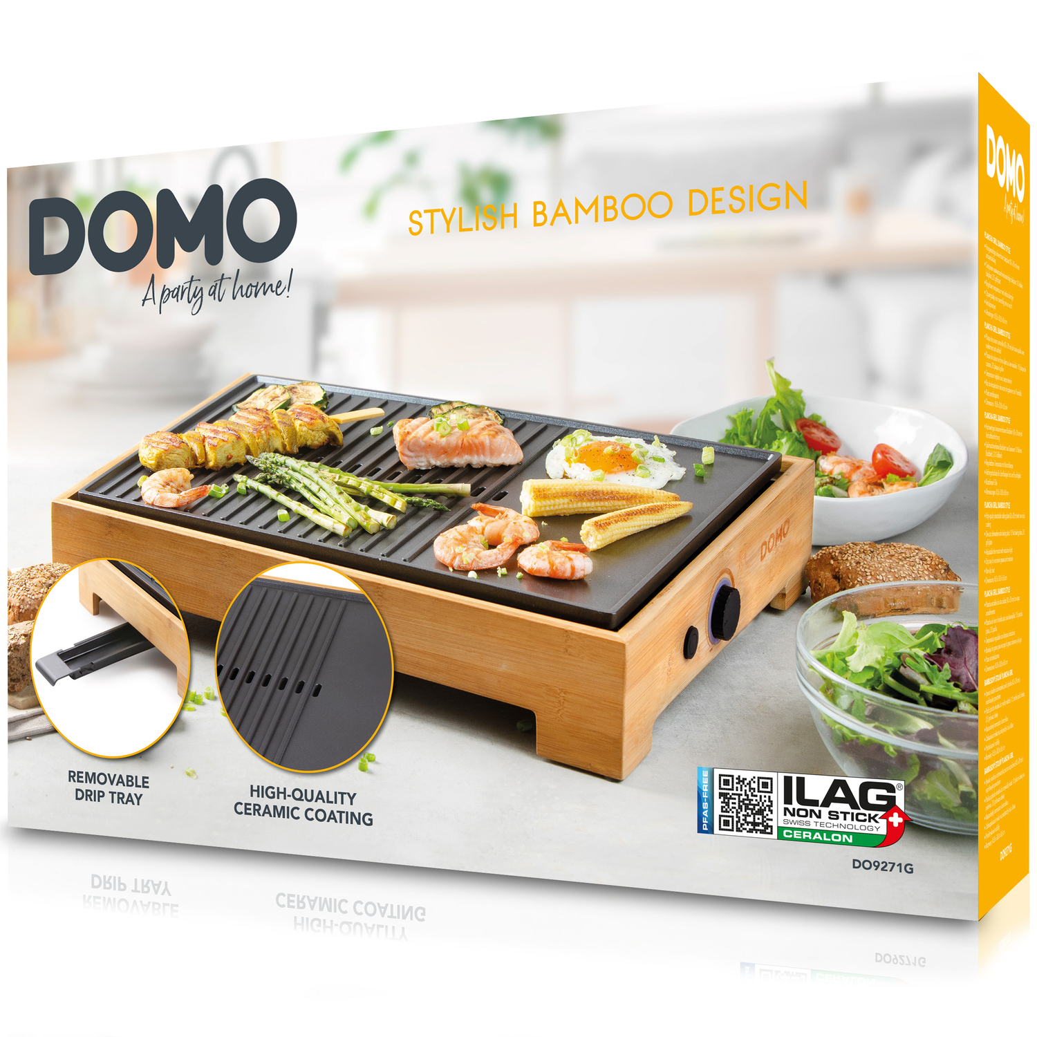 Raclette grill doos met functies. Het heeft een houten basis met een zwarte bakplaat en eten op de grill.