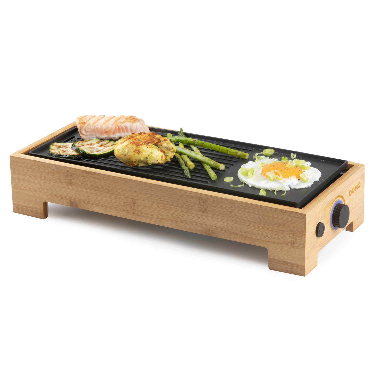 Grill with grilled food: salmon, zucchini, a patty, asparagus, and a fried egg.