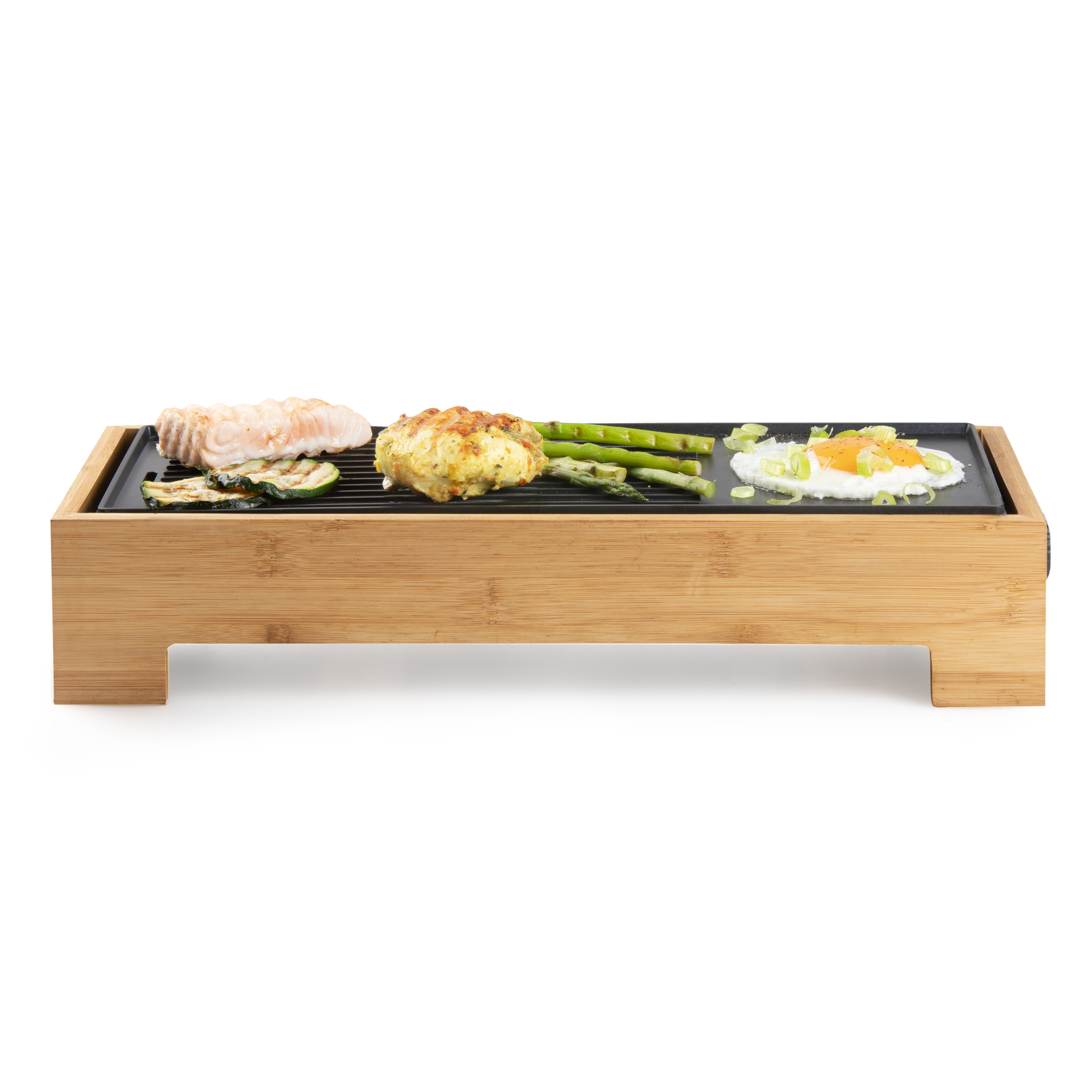 Grill with grilled food: salmon, zucchini, a patty, asparagus, and a fried egg.