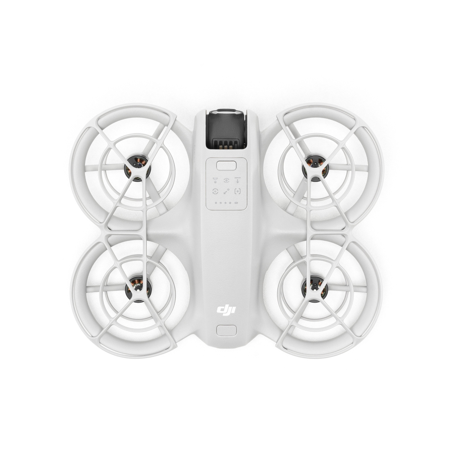 Dron blanco con protectores de hélice.