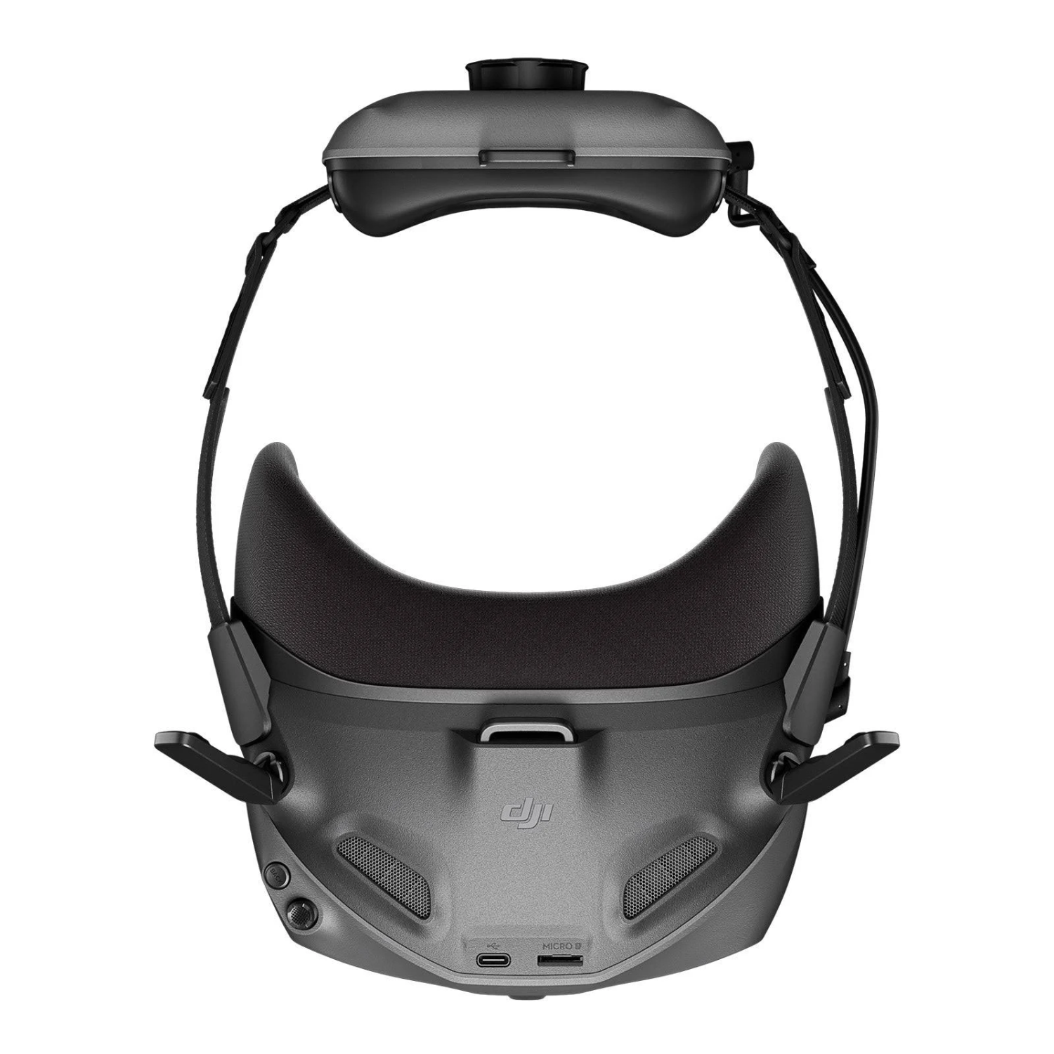 Auriculares VR grises, vista trasera, con correa para la cabeza, cubierta de la lente y logotipo de DJI.