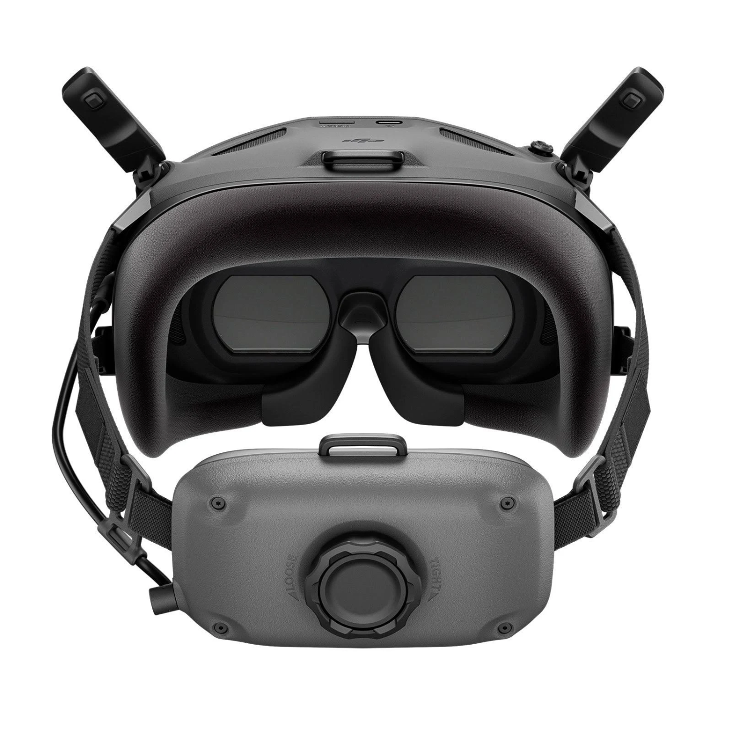 Auriculares VR negros, vista frontal, con lentes, correa para la cabeza y unidad de control.